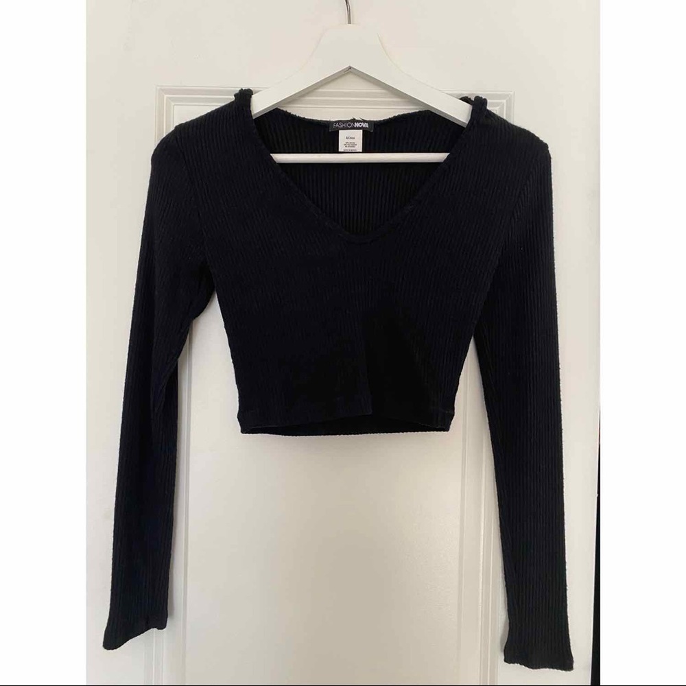 Fashion Nova Ribbed Cropped Hoodie Black